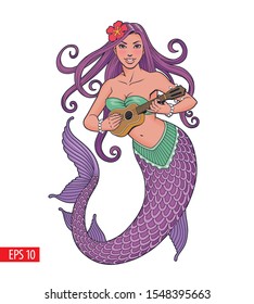 Mermaid playing ukulele, vector illustration.