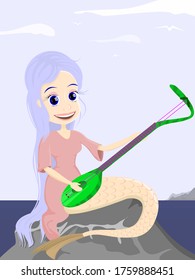 mermaid.The mermaid plays the lute.Sitting on a stone on the sea shore in the background seagulls and clouds.