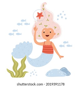 The Mermaid Plays With A Starfish.Underwater Fantasy World. Illustration For Children's Book.