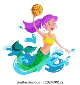 Mermaid plays water polo, cartoon vector illustration