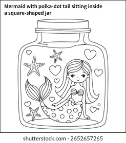 Sereia com cauda de bolinhas sentada dentro de um frasco em forma de quadrado, cercada por corações e estrelas-do-mar — projetada para fácil coloração com detalhes mínimos.