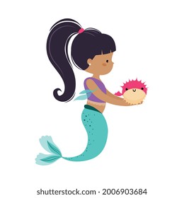 Mermaid with Ponytail Floating Underwater with Blowfish Vector Illustration