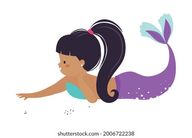 Mermaid with Ponytail Floating Underwater Vector Illustration