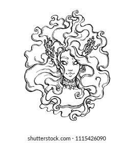 Mermaid. Portrait of mystical girl. Hand drawn vector illustration. Magic creature, fairy illustration. Print, tatoo, line art