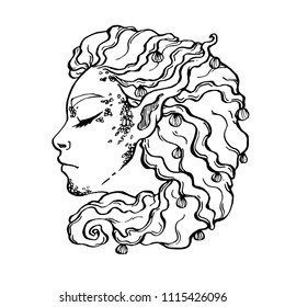 Mermaid. Portrait of mystical girl. Hand drawn vector illustration. Magic creature, fairy illustration. Print, tatoo, line art
