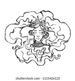Mermaid. Portrait of mystical girl. Hand drawn vector illustration. Magic creature, fairy illustration. Print, tatoo, line art
