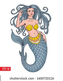 Mermaid posing, isolated on white background, vector illustration.