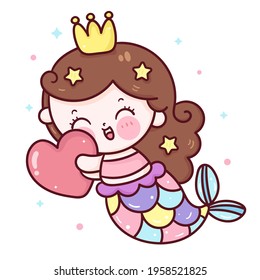 Mermaid princess cartoon hug heart kawaii animal. Series fairytale Beautiful character (Girly girl) cute vector for Valentines day. Hand drawing Illustration for kids fashion artworks, children books.