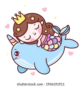 Mermaid princess cartoon hug narwhal kawaii animal. Series fairytale Beautiful character (Girly girl) cute vector. Hand drawing Illustration for kids fashion artworks, children books, greeting cards.