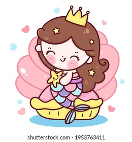 Mermaid princess cartoon hug star fish kawaii animal with shell. Series fairytale Beautiful character (Girly girl) cute vector. Hand drawing Illustration for kids fashion artworks,children books,card.
