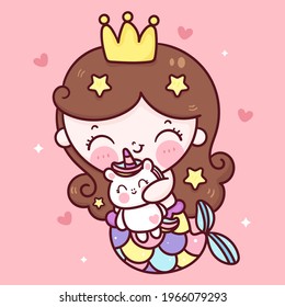 Mermaid princess cartoon hug unicorn pony child kawaii animal. Series fairytale Beautiful character (Girly girl) cute vector. Hand drawing Illustration for kids fashion artworks, children books.