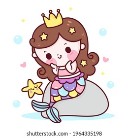 Mermaid princess cartoon with starfish kawaii animal. Series fairytale Beautiful character (Girly girl) cute vector for Valentines day. Hand drawing Illustration for kids fashion artworks, children.