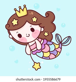 Mermaid princess cartoon swim in sea kawaii animal. Series fairytale Beautiful character (Girly girl) cute vector. Hand drawing Illustration for kids fashion artworks, children books, greeting cards.