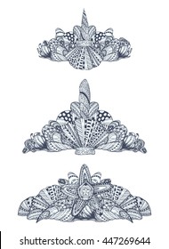 Mermaid Princess crown. Seashell pattern, black and white starfish for adult coloring book page. Hand drawn vector illustration, separated elements.