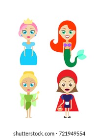 mermaid, princess, fairy and little red riding hood characters vector illustrations