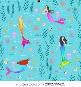 mermaid princess fairytale seamless pattern. underwater folks marine life background. good for fabric, fashion design, wallpaper, pajama, bedding, textile, backdrop.