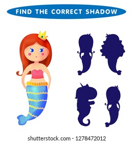 Mermaid princess. Find the correct shadow kids educational puzzle game. Vector illustration.