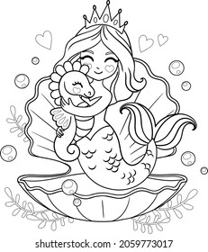 Mermaid princess hugging a seahorse in seashell. Isolated outline for coloring page