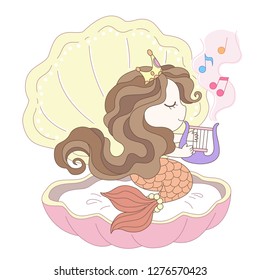 Mermaid princess plays the harp on the lovely shell bed