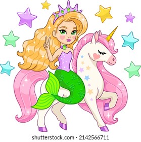 La princesa sirena monta un unicornio. Ilustración del vector aislada en transparente