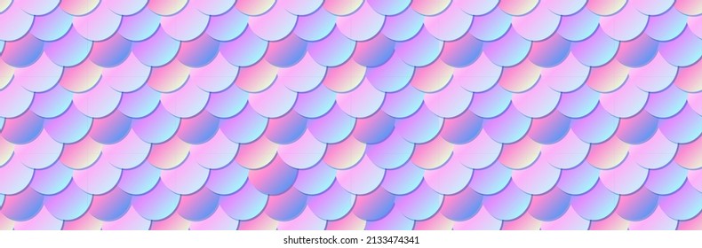 Mermaid princess seamless pattern in kawaii style. Marine animal skin background. Fishscale with blue pink gradient mesh. Vector backdrop with rainbow scales.