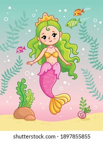 Mermaid princess underwater among the seaweed and fish. Cute vector illustration in cartoon style.