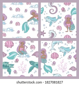 MERMAID PRINTS Cruise Tropical Sea Princess Cartoon Travel Seamless Pattern Vector Illustration Set For Textile