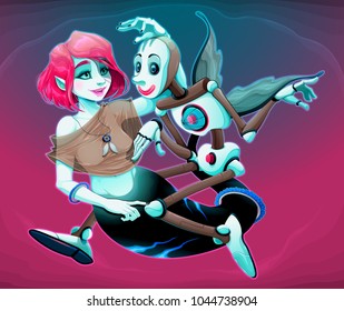 The mermaid and the puppet. Vector cartoon illustration