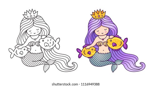 Mermaid and purple gradient hair  stroking two golden fish  Cartoon characters  Vector illustration for coloring book  print  card  postcard  poster  t  shirt  tattoo 