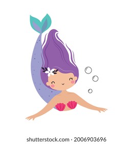 Mermaid with Purple Hair Floating Underwater Vector Illustration