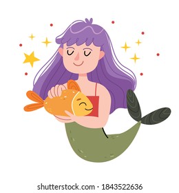 A mermaid with a purple hair hugs a fish. Underwater world, fairy tale, kid illustration. Illustration for children's book. Cute Poster. Siren. Sea theme.