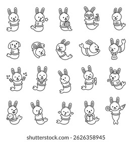 Mermaid rabbit cartoon characters in kawaii style swimming holding gifts shells hearts books pets and wearing accessories underwater fantasy