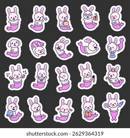 Mermaid rabbit cartoon characters in kawaii style swimming holding gifts shells hearts books pets and wearing accessories underwater fantasy