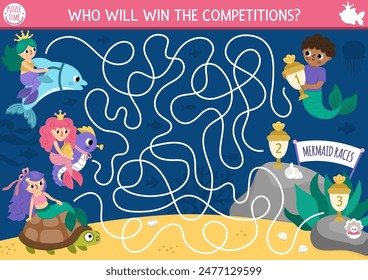 Mermaid races maze for kids with sea princesses riding animals. Marine preschool printable activity. Fairytale ocean kingdom labyrinth game, puzzle. Water life worksheet with competitions
