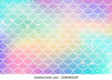 Mermaid rainbow background in fantasy style with scales. Unicorn holographic gradient texture. Sea fish kawaii vector backdrop.