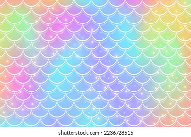 Mermaid rainbow background in fantasy style with scales. Unicorn holographic gradient texture. Sea fish kawaii vector backdrop