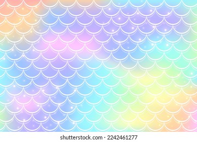 Mermaid rainbow background in fantasy style with scales. Unicorn holographic gradient texture. Sea fish kawaii vector backdrop