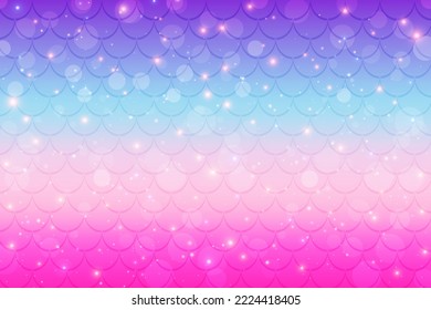 Mermaid rainbow background with scale and stars. Iridescent glitter fish tail pattern. Kawaii vector texture