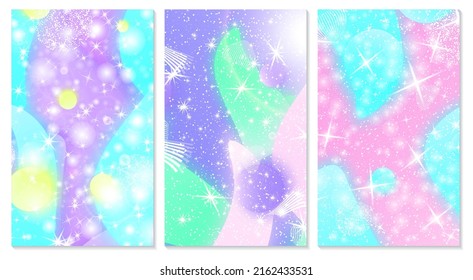Mermaid rainbow. Magic stars. Fairytale. Princess background. Cover set. Unicorn pattern. Fantasy galaxy. Pink, blue colors.