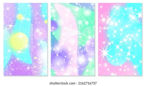 Mermaid rainbow. Magic stars. Fairytale. Princess background. Cover set. Unicorn pattern. Fantasy galaxy. Pink, blue colors.