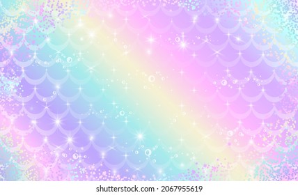 Mermaid rainbow scales. Fantasy holographic background in sparkling stars and bubbles for design. Vector illustration for children.