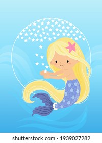 The mermaid reaches out to catch the little star, and the background is white stars forming a semicircle