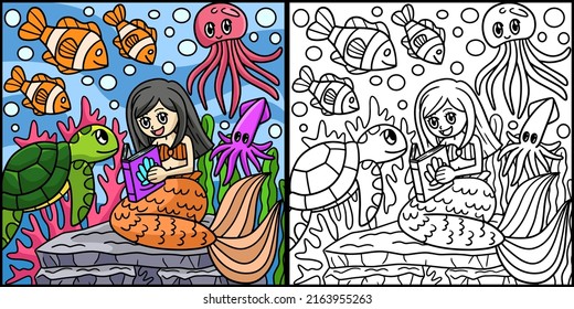 Mermaid Reading A Book Colored Illustration