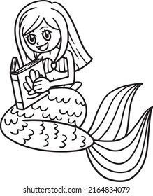 Mermaid Reading A Book Isolated Coloring Page 