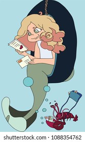 mermaid is reading a love letter, lobster as a postman. Cartoon characters, isolated, fantasy