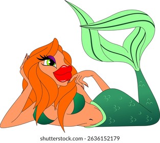 mermaid with red hair and green tail
