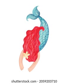 Mermaid with red hair on a white background. Hand-drawn watercolor illustration