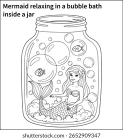 A mermaid relaxing in a bubble bath inside a jar, with oversized soap bubbles and floating fish toys—silly and easy for kids to color.