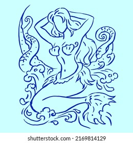 Mermaid resting with giant squid art vector for card, illustration, background