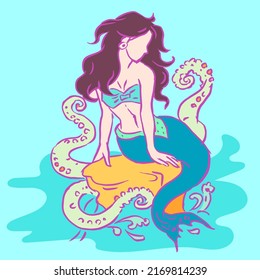 Mermaid resting on a rock art vector for card, decoration, illustration